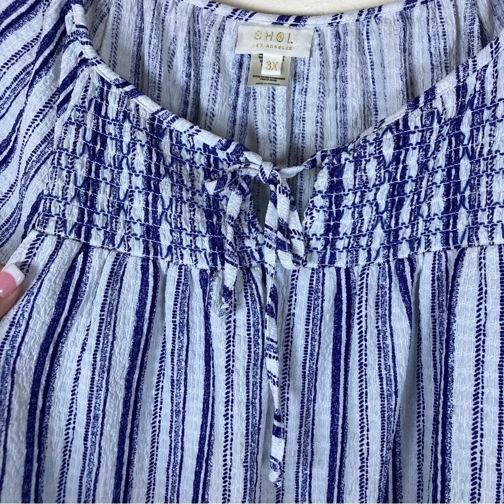 SHOL Los Angeles Blue White Stripe Smocked Peasant Top 3X - Picture 4 of 13